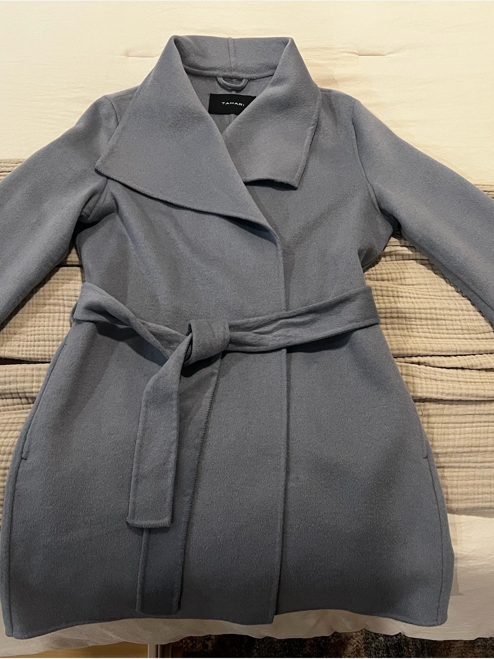 Tahari Women's Wool Blend Slate Blue Gray Belted Wrap Trench Coat